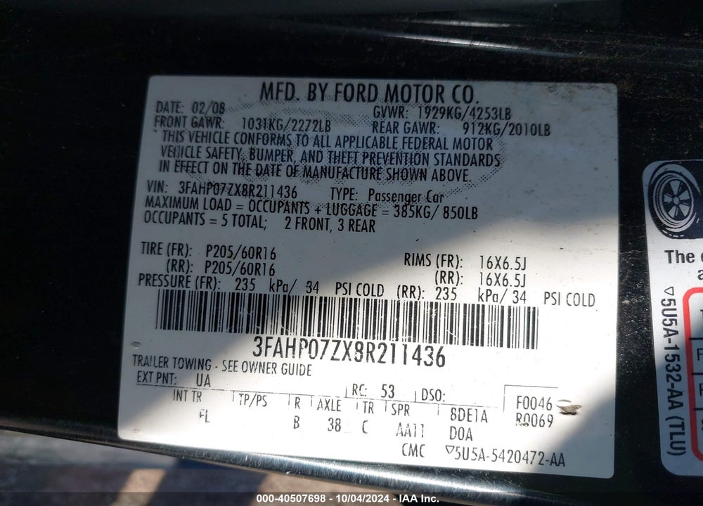 2008 FORD FUSION SE VIN: 3FAHP07ZX8R211436