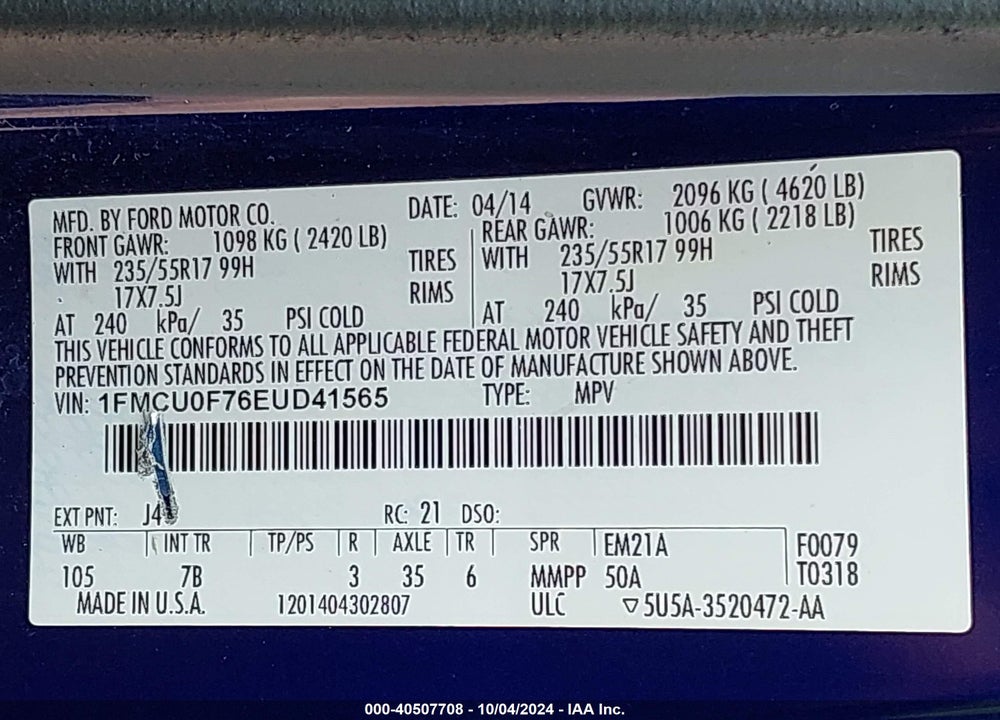 2014 FORD ESCAPE S VIN: 1FMCU0F76EUD41565