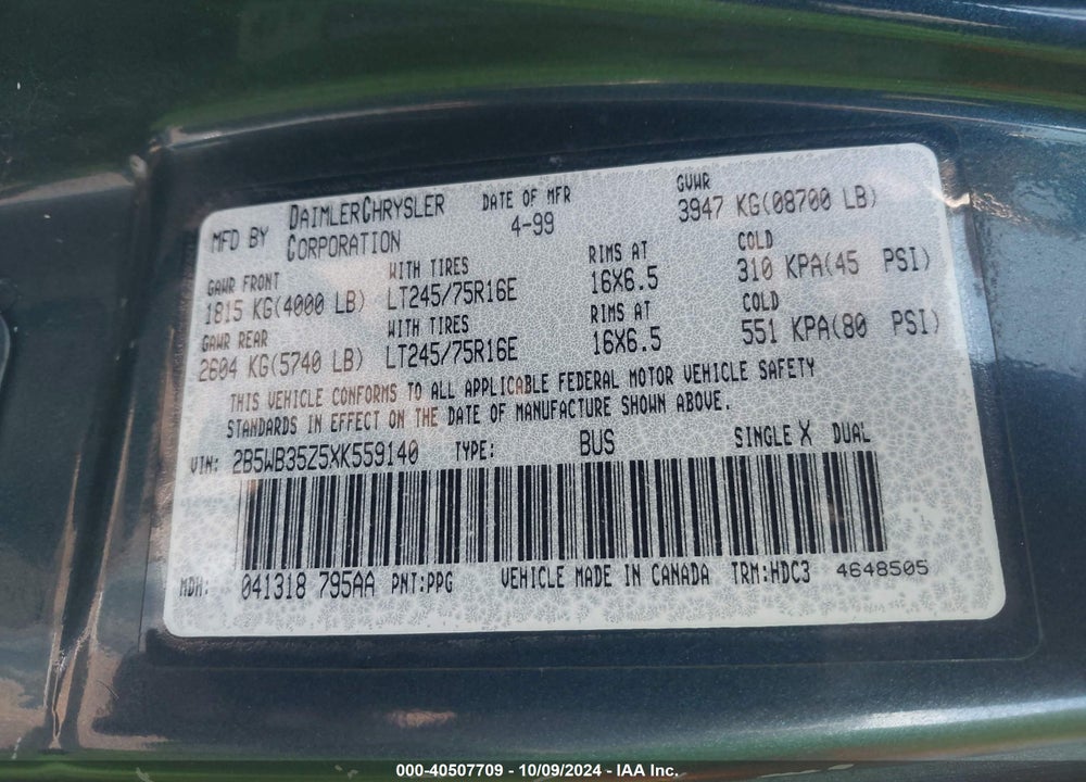 1999 DODGE RAM WAGON 3500 VIN: 2B5WB35Z5XK559140