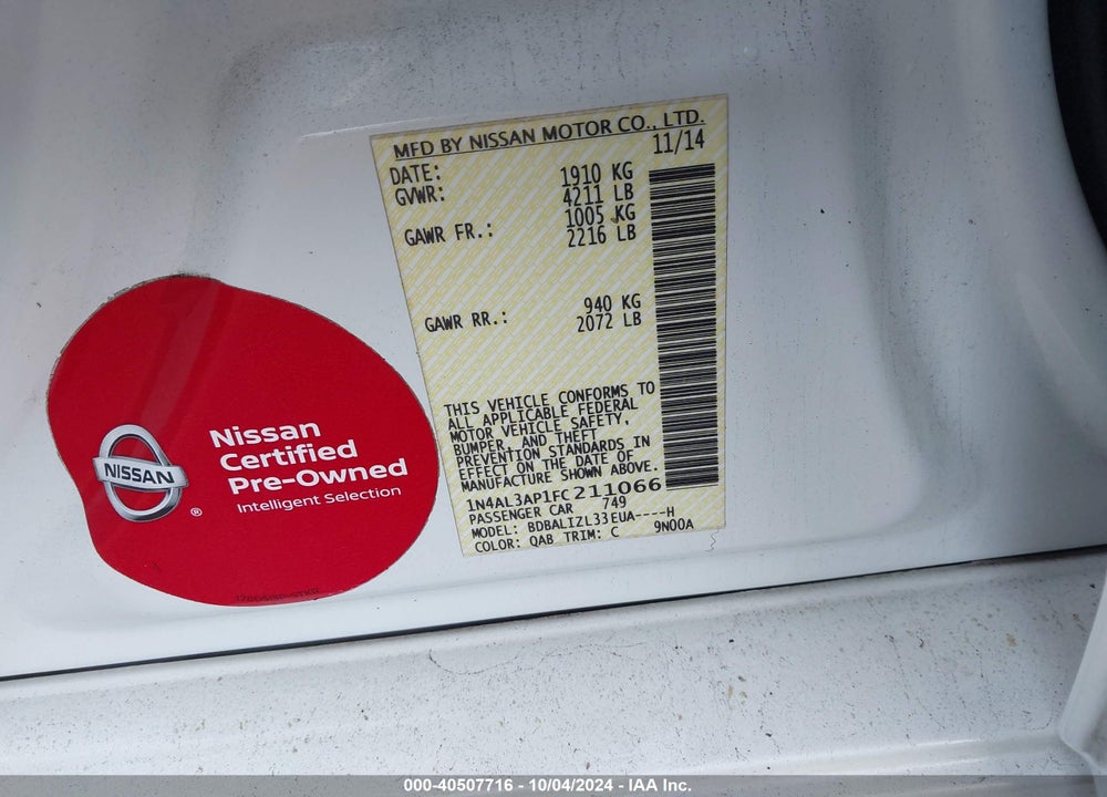 2015 NISSAN ALTIMA 2.5 SV VIN: 1N4AL3AP1FC211066