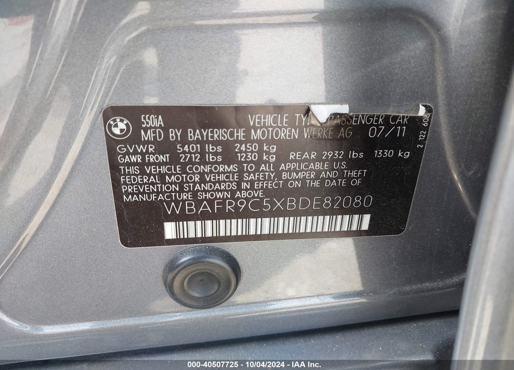 2011 BMW 550I VIN: WBAFR9C5XBDE82080