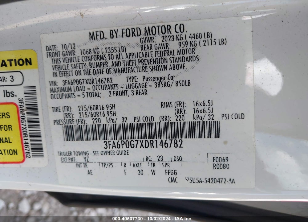 2013 FORD FUSION S VIN: 3FA6P0G7XDR146782