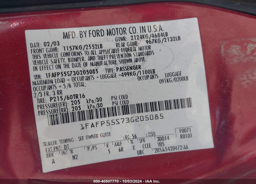 2003 FORD TAURUS SES VIN: 1FAFP55S73G205085