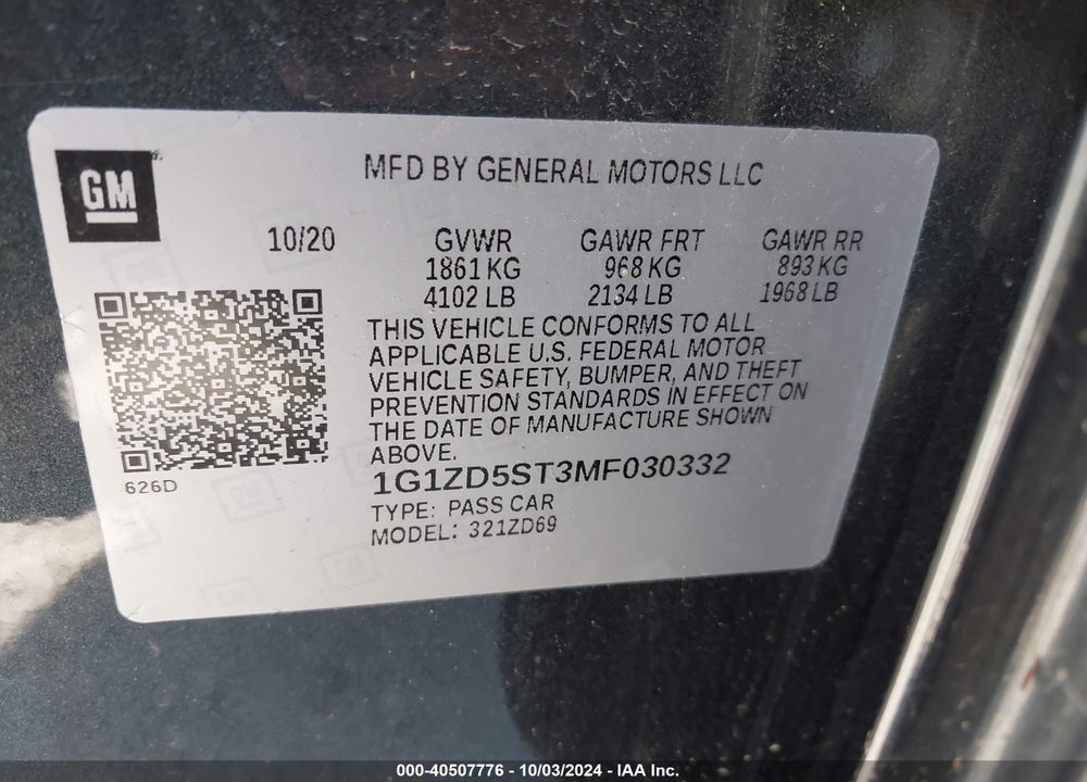 2021 CHEVROLET MALIBU FWD LT VIN: 1G1ZD5ST3MF030332