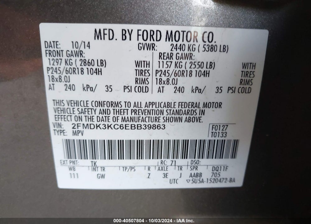 2014 FORD EDGE LIMITED VIN: 2FMDK3KC6EBB39863