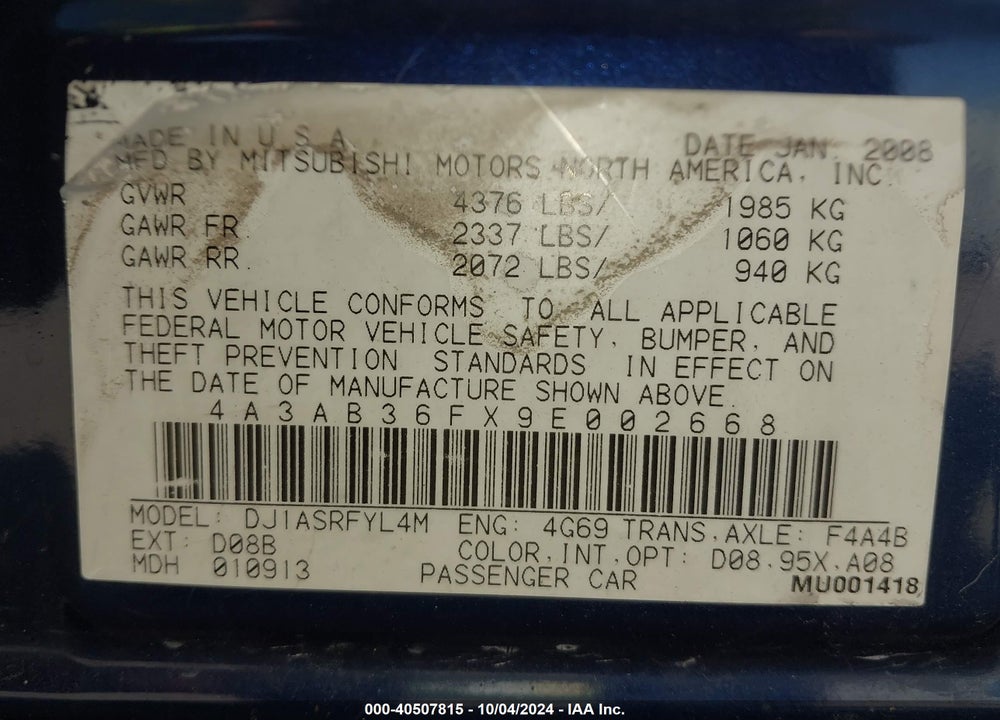 2009 MITSUBISHI GALANT VIN: 4A3AB36FX9E002668