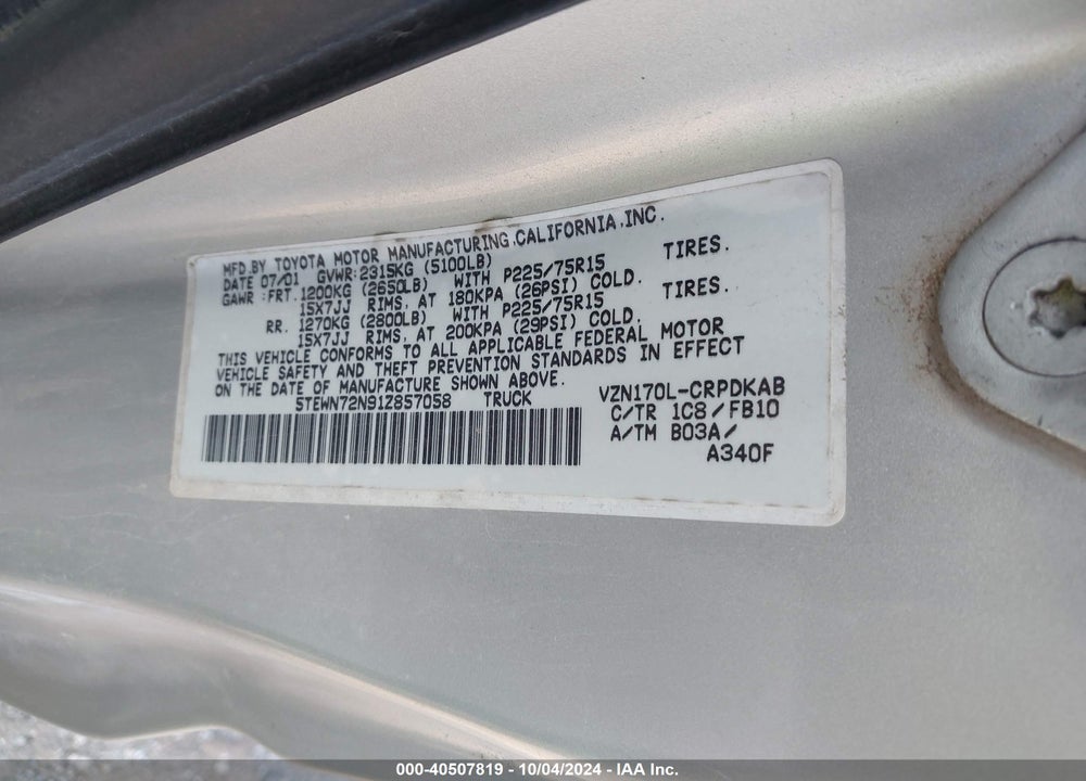 2001 TOYOTA TACOMA BASE V6 VIN: 5TEWN72N91Z857058