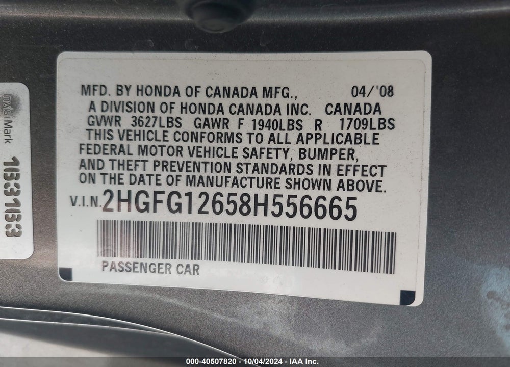 2008 HONDA CIVIC LX VIN: 2HGFG12658H556665