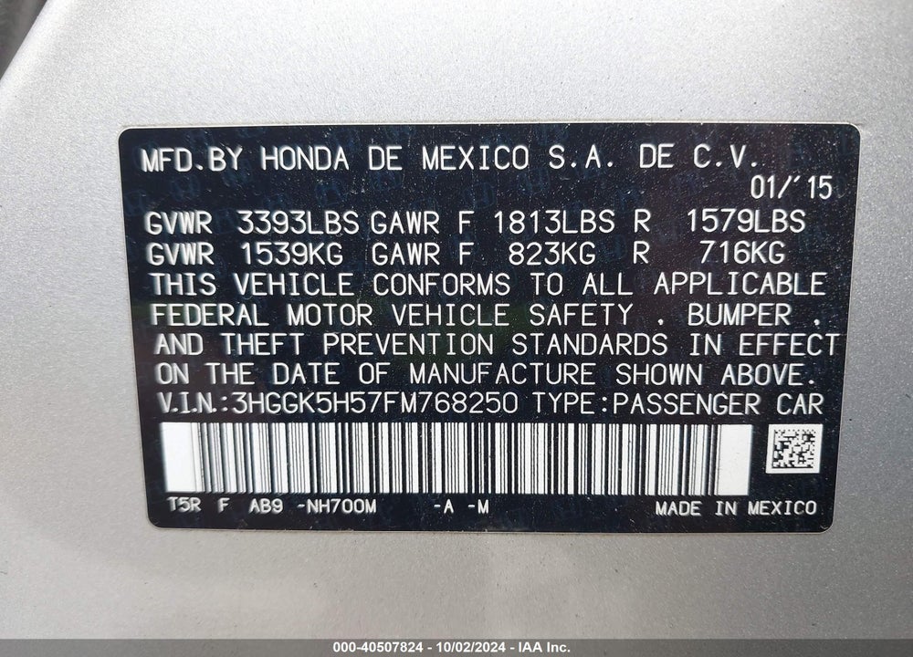 2015 HONDA FIT LX VIN: 3HGGK5H57FM768250