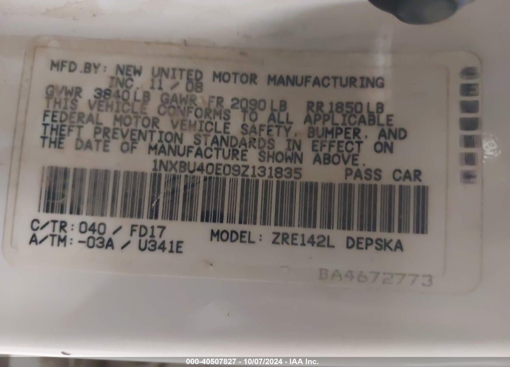 2009 TOYOTA COROLLA S VIN: 1NXBU40E09Z131835