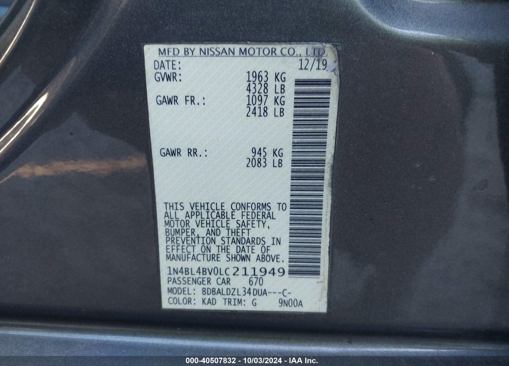2020 NISSAN ALTIMA S FWD VIN: 1N4BL4BV0LC211949