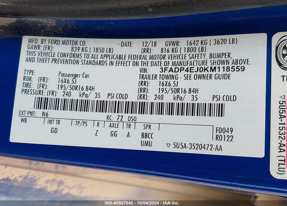 2019 FORD FIESTA SE VIN: 3FADP4EJ0KM118559