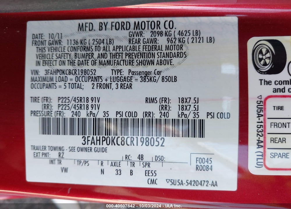 2012 FORD FUSION SPORT VIN: 3FAHP0KC8CR198052