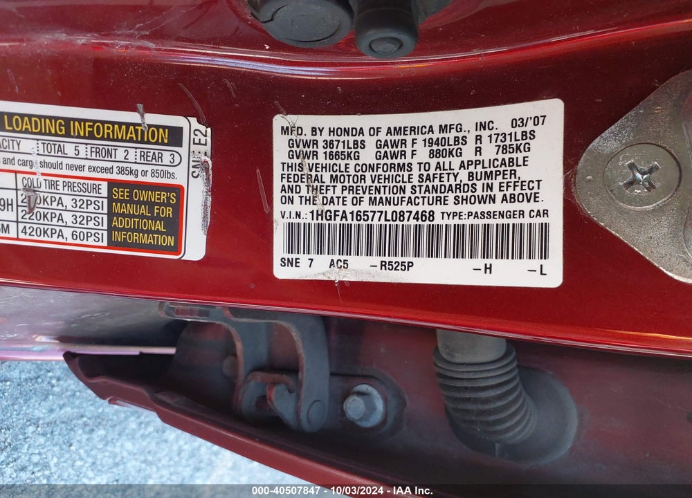 2007 HONDA CIVIC LX VIN: 1HGFA16577L087468
