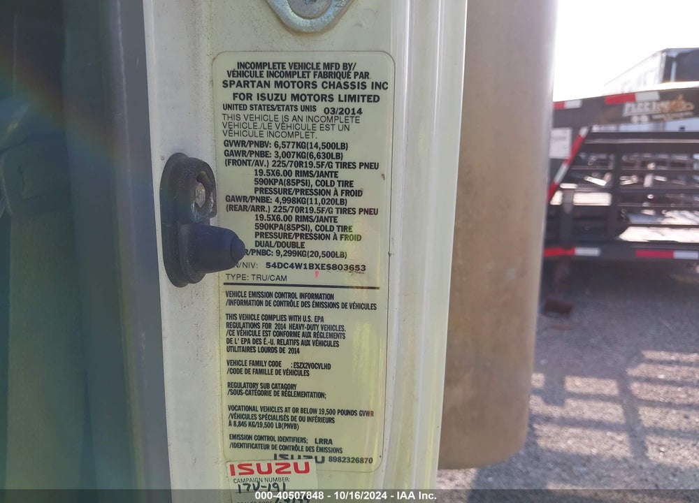 2014 ISUZU NPR GAS REG VIN: 54DC4W1BXES803653
