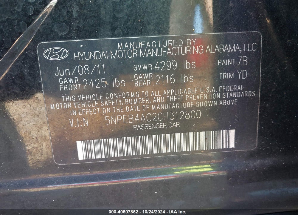 2012 HYUNDAI SONATA GLS VIN: 5NPEB4AC2CH312800