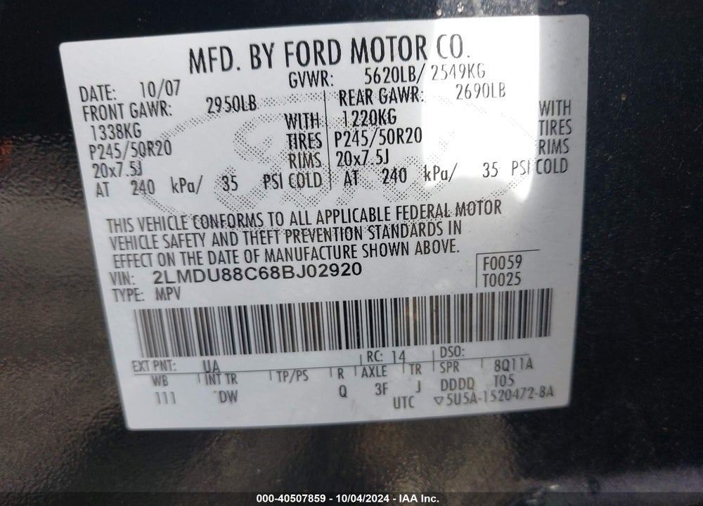 2008 LINCOLN MKX VIN: 2LMDU88C68BJ02920