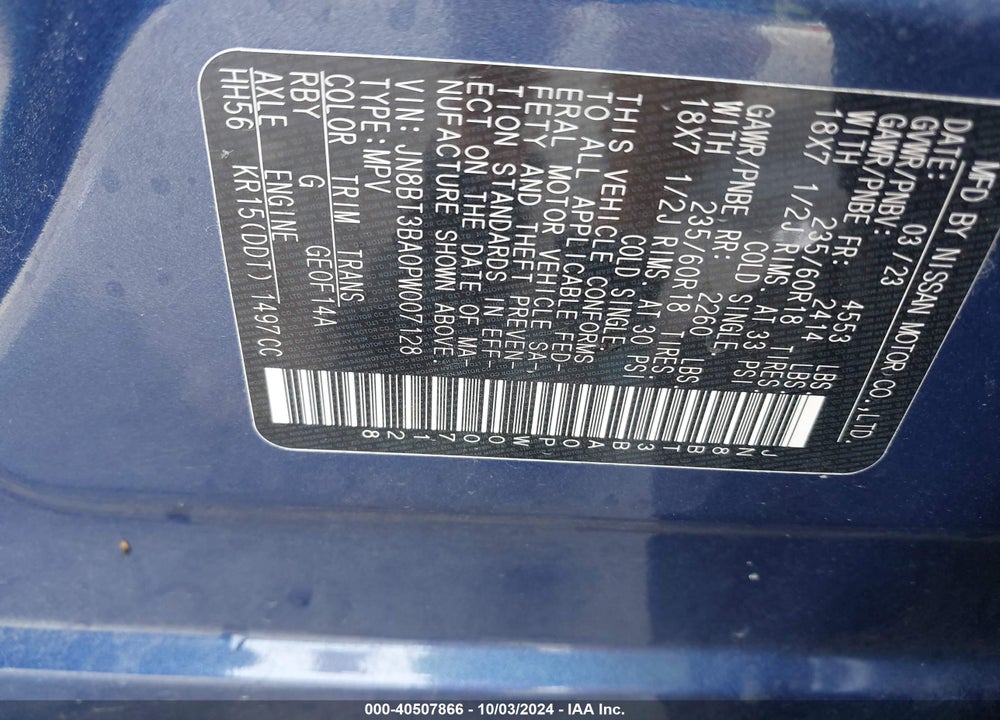2023 NISSAN ROGUE SV FWD VIN: JN8BT3BA0PW007128