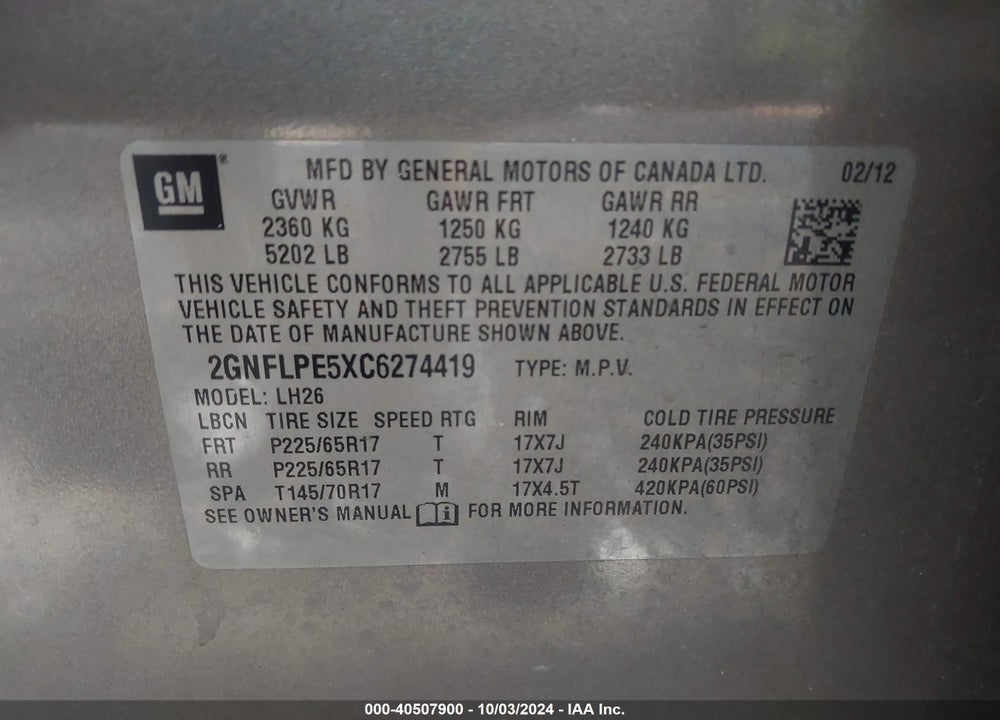 2012 CHEVROLET EQUINOX 2LT VIN: 2GNFLPE5XC6274419
