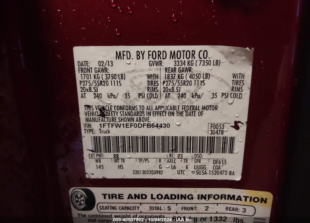 2013 FORD F-150 LARIAT VIN: 1FTFW1EF0DFB64430