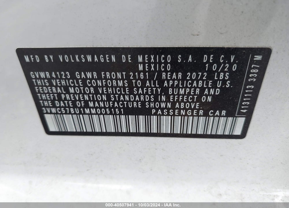 2021 VOLKSWAGEN JETTA 1.4T R-LINE/1.4T S/1.4T SE VIN: 3VWC57BU1MM005151