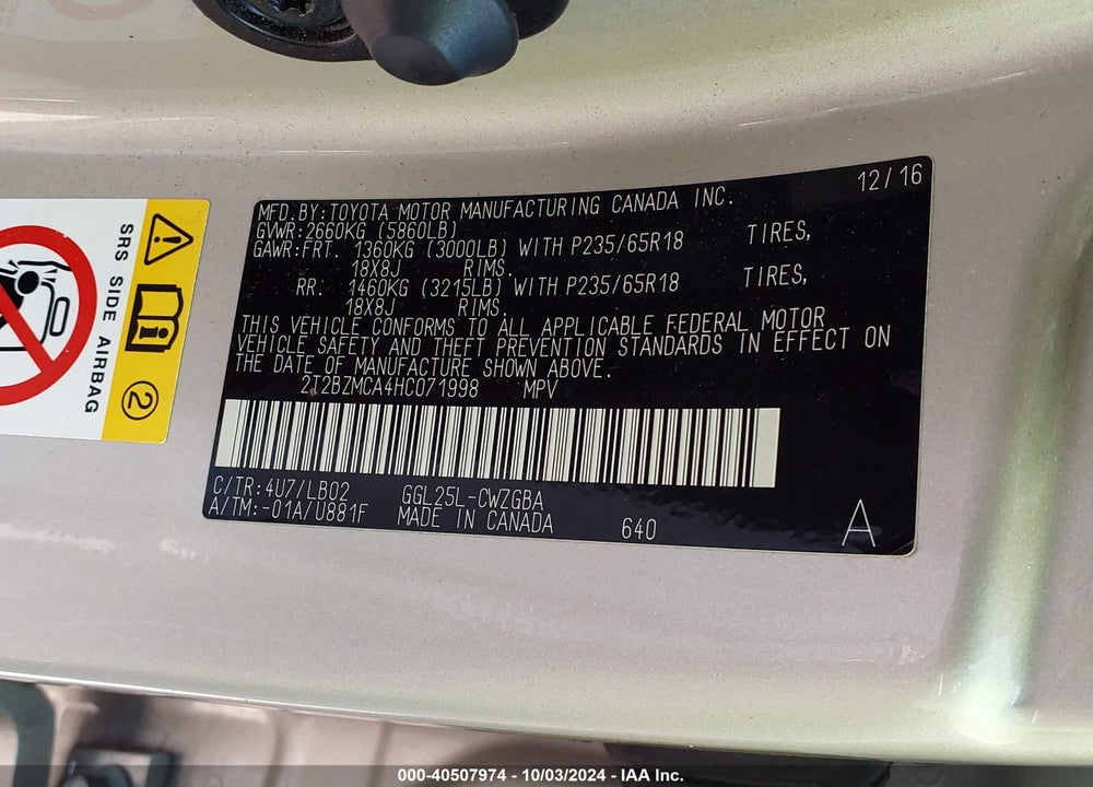 2017 LEXUS RX 350 VIN: 2T2BZMCA4HC071998