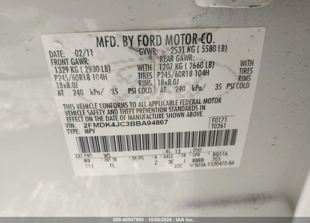 2011 FORD EDGE SEL VIN: 2FMDK4JC3BBA94867