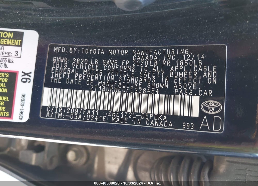 2015 TOYOTA COROLLA L VIN: 2T1BURHE0FC328454