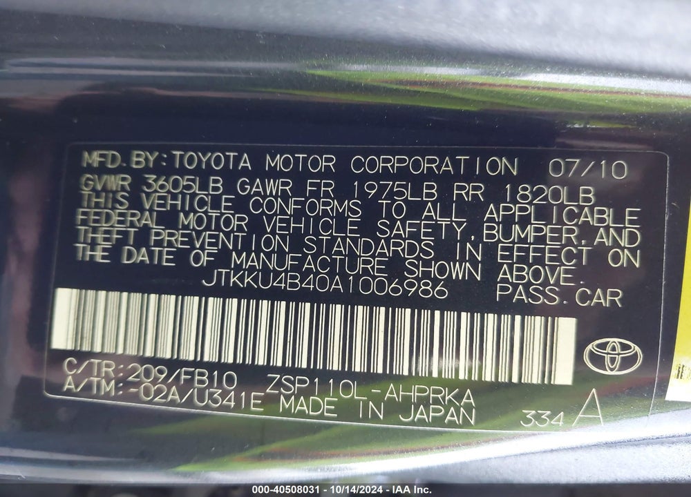 2010 SCION XD VIN: JTKKU4B40A1006986
