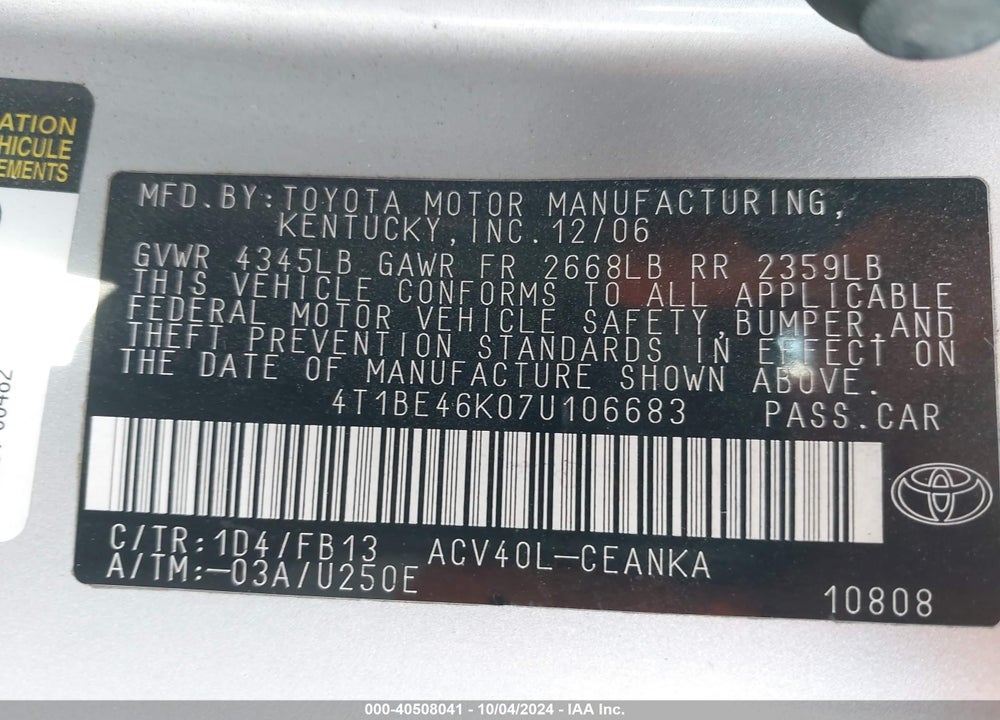 2007 TOYOTA CAMRY CE VIN: 4T1BE46K07U106683