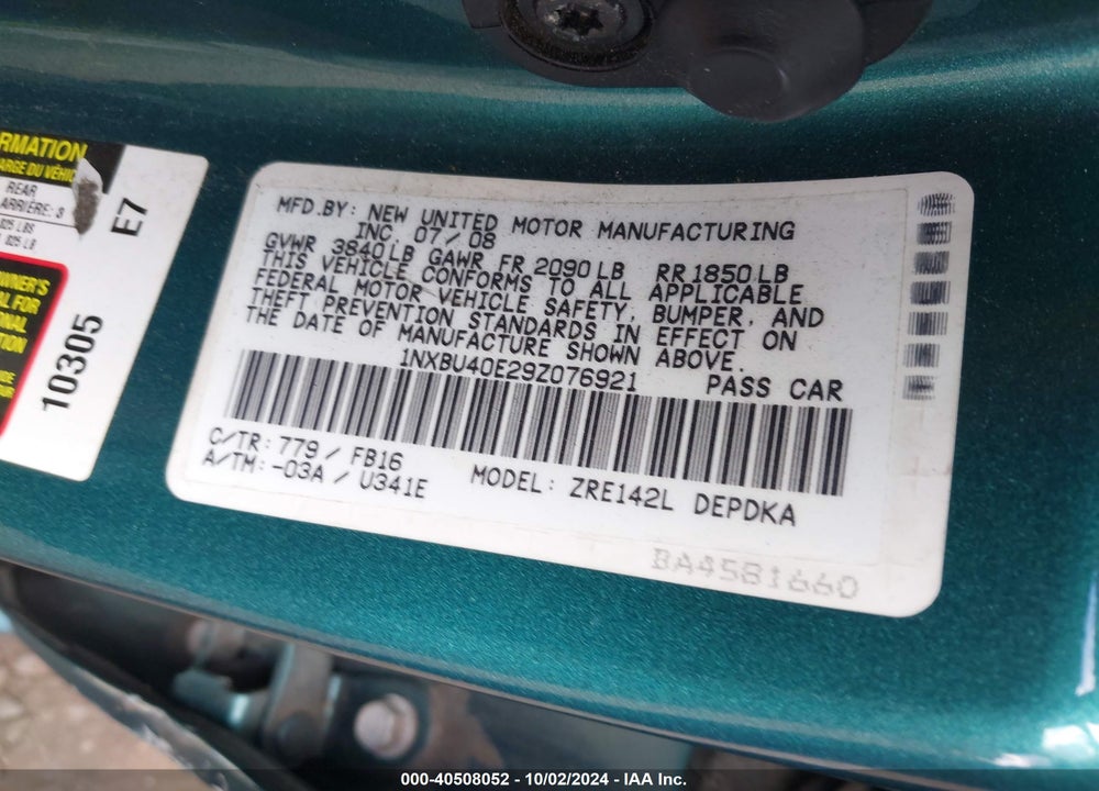 2009 TOYOTA COROLLA LE VIN: 1NXBU40E29Z076921