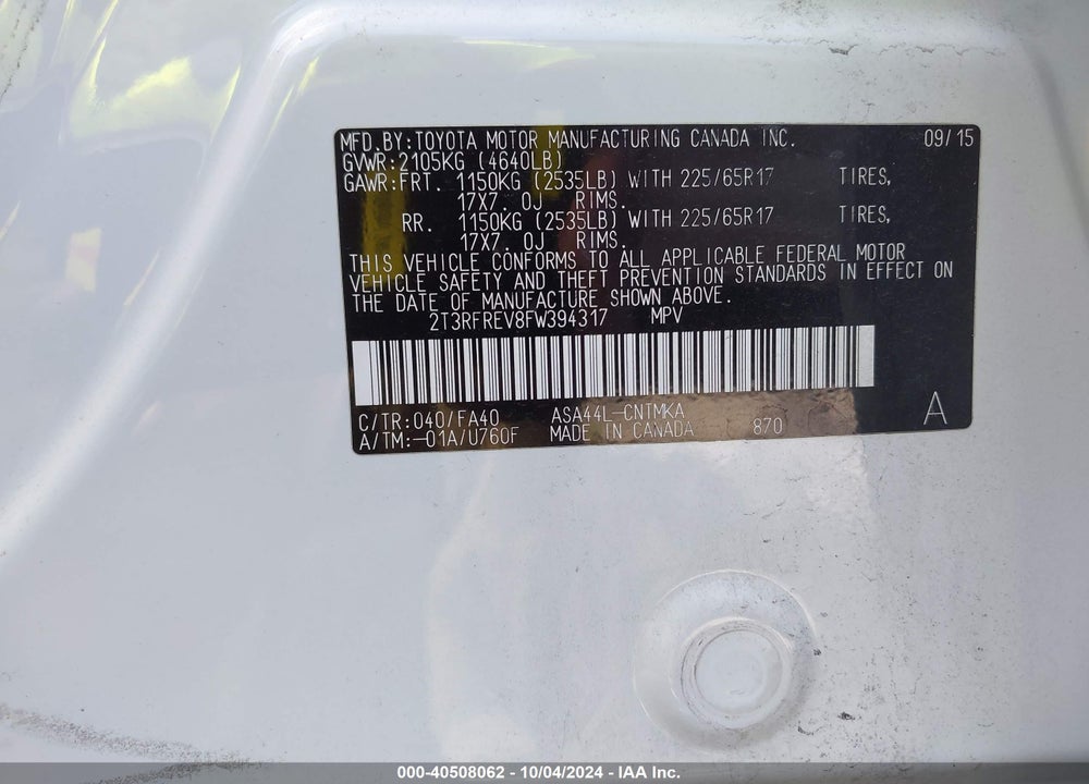 2015 TOYOTA RAV4 XLE VIN: 2T3RFREV8FW394317