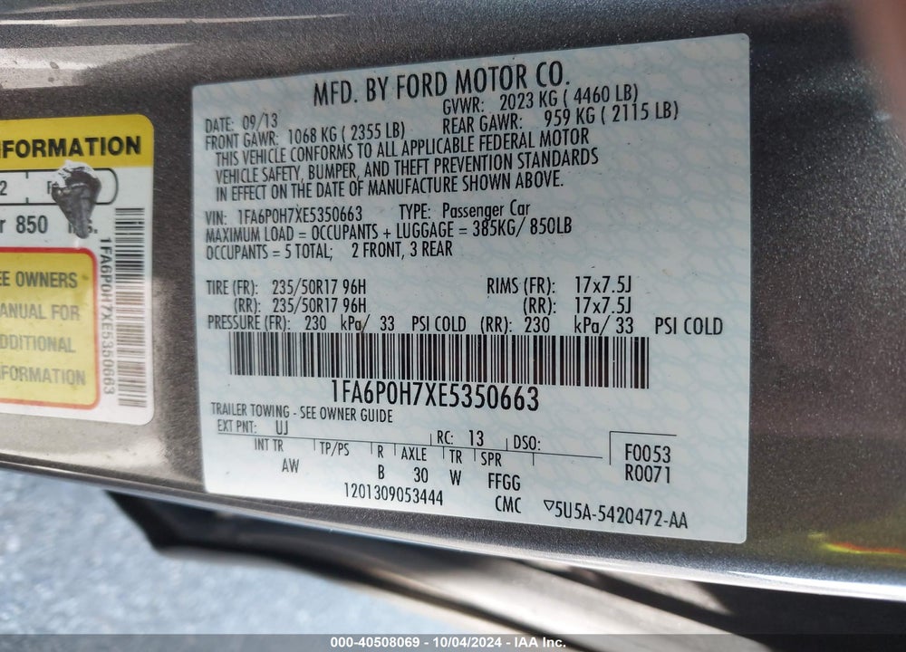 2014 FORD FUSION SE VIN: 1FA6P0H7XE5350663