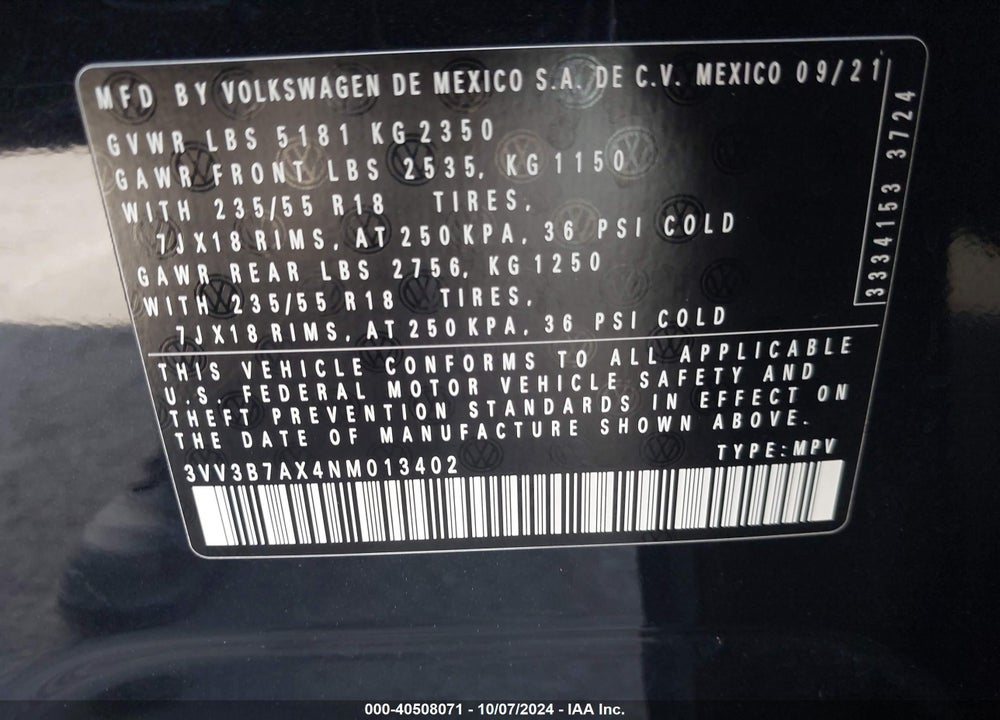 2022 VOLKSWAGEN TIGUAN 2.0T SE VIN: 3VV3B7AX4NM013402