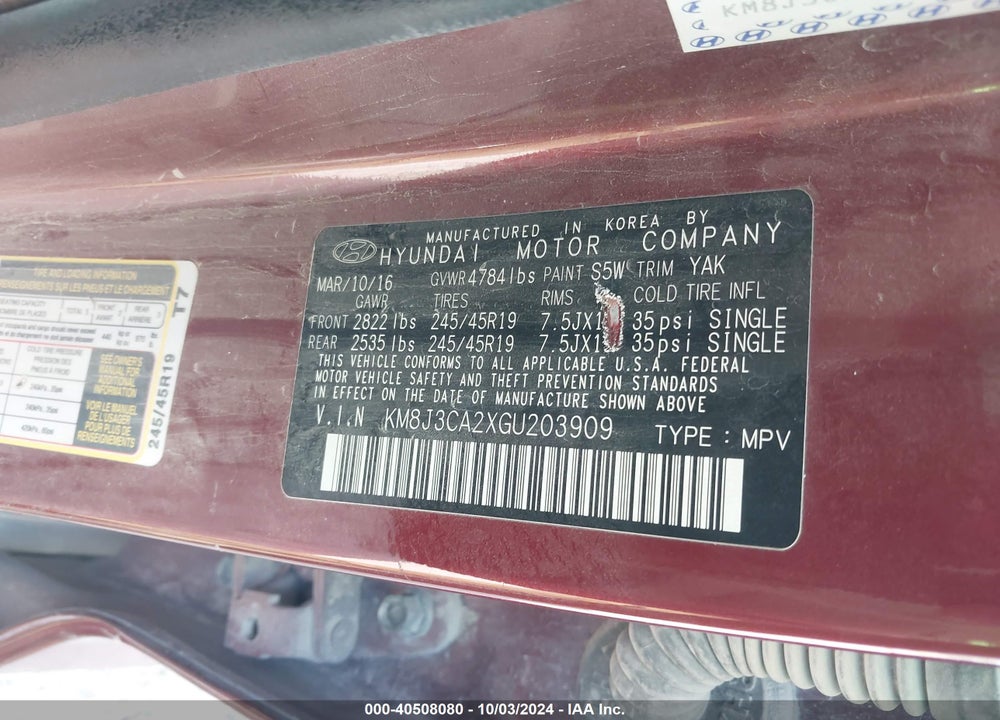 2016 HYUNDAI TUCSON SPORT VIN: KM8J3CA2XGU203909