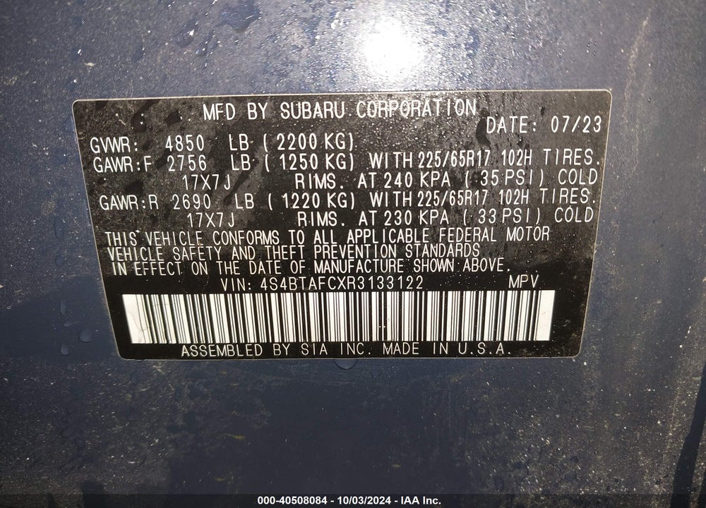 2024 SUBARU OUTBACK PREMIUM VIN: 4S4BTAFCXR3133122