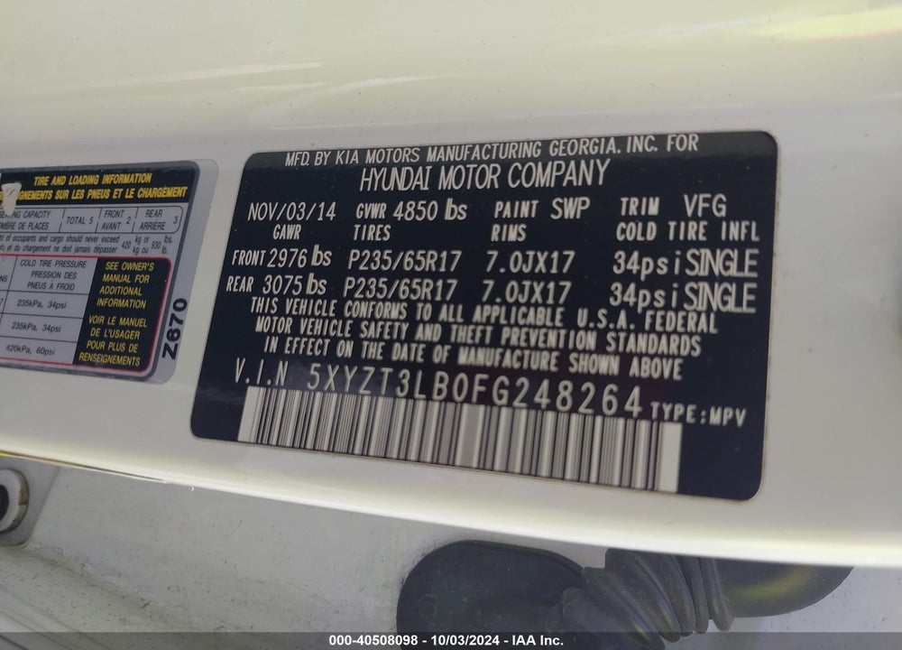 2015 HYUNDAI SANTA FE SPORT 2.4L VIN: 5XYZT3LB0FG248264