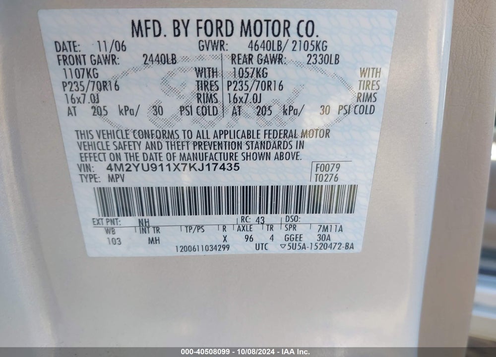 2007 MERCURY MARINER LUXURY VIN: 4M2YU911X7KJ17435