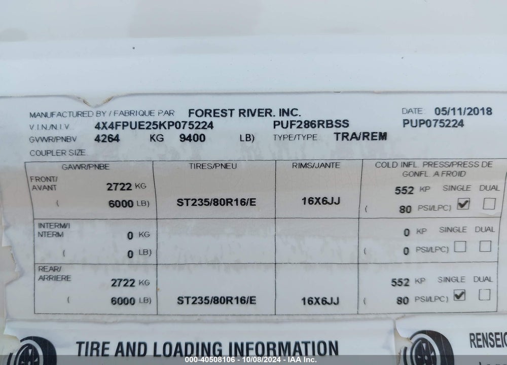 2019 PUMA OTHER VIN: 4X4FPUE25KP075224