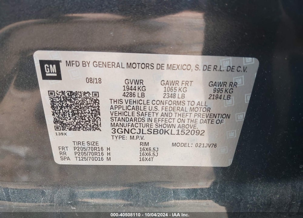 2019 CHEVROLET TRAX LT VIN: 3GNCJLSB0KL152092