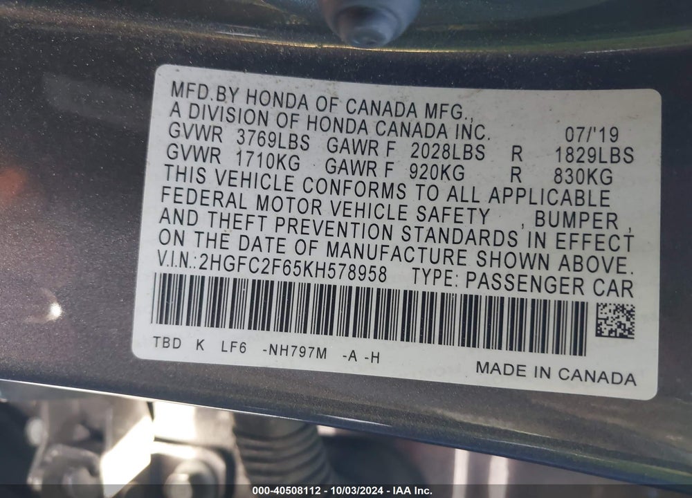 2019 HONDA CIVIC LX VIN: 2HGFC2F65KH578958