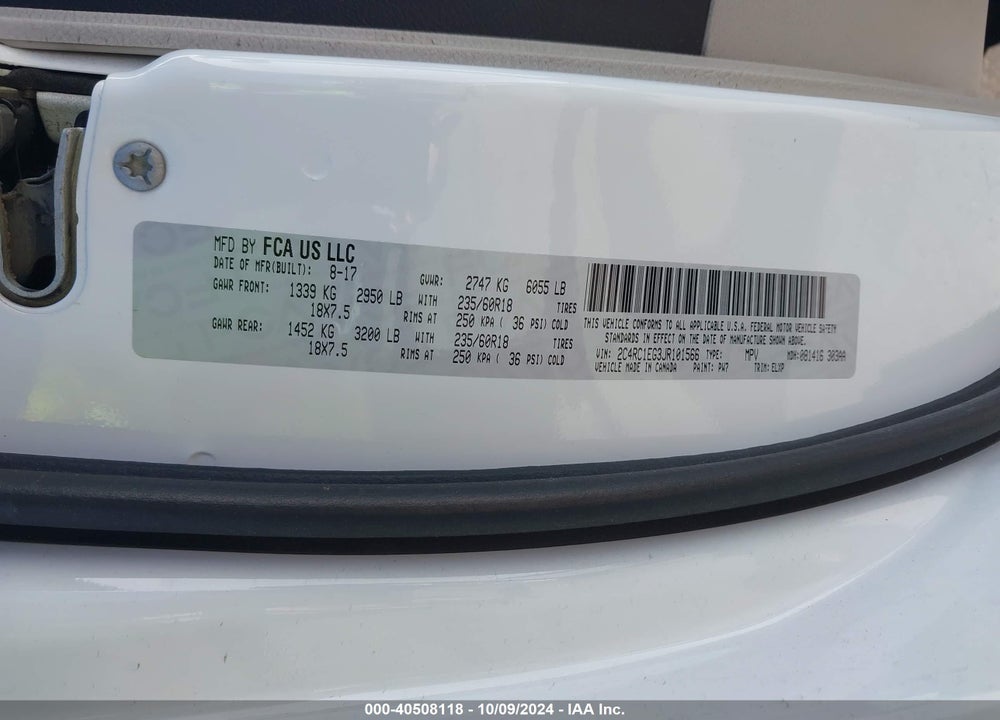 2018 CHRYSLER PACIFICA TOURING L PLUS VIN: 2C4RC1EG3JR101566