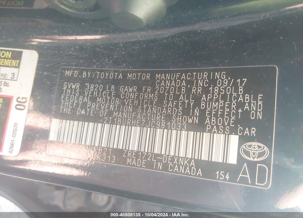 2018 TOYOTA COROLLA LE VIN: 2T1BURHE7JC981033