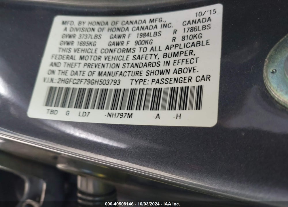 2016 HONDA CIVIC EX VIN: 2HGFC2F79GH503793