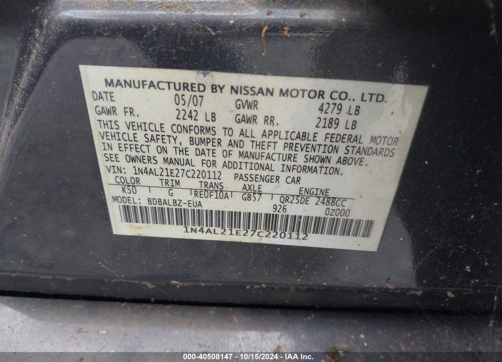 2007 NISSAN ALTIMA 2.5 S VIN: 1N4AL21E27C220112