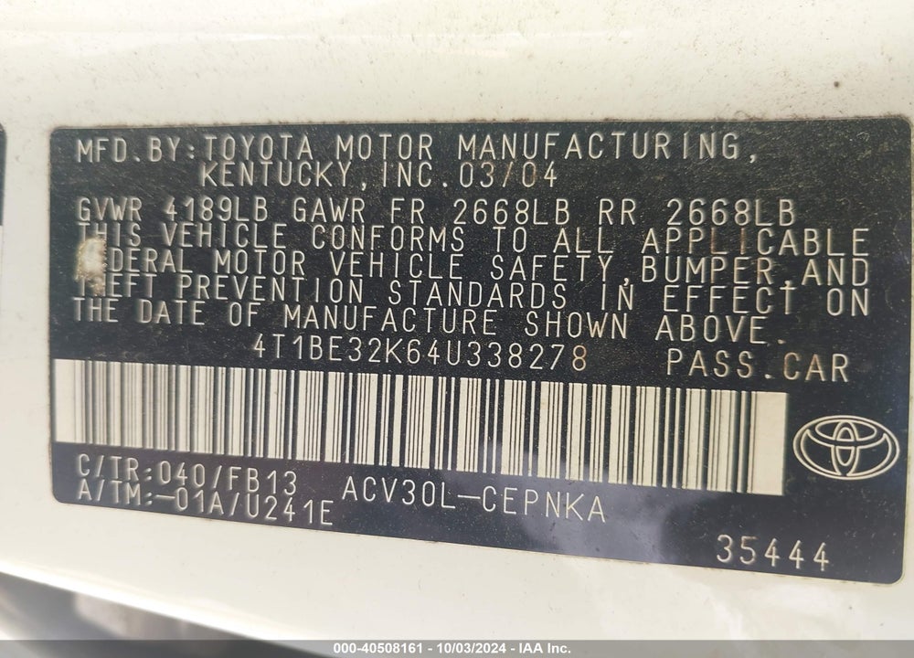 2004 TOYOTA CAMRY LE VIN: 4T1BE32K64U338278