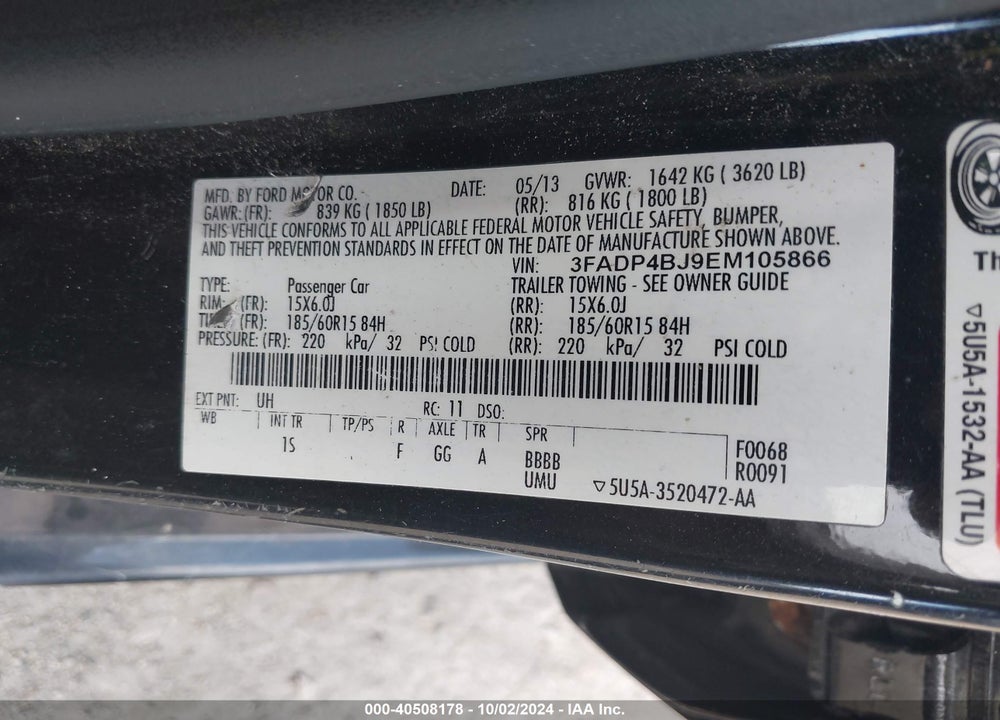 2014 FORD FIESTA SE VIN: 3FADP4BJ9EM105866