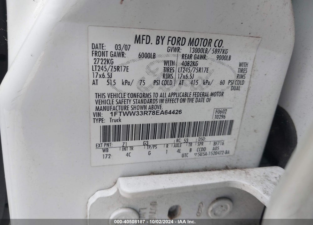2008 FORD F-350 FX4/KING RANCH/LARIAT/XL/XLT VIN: 1FTWW33R78EA64426