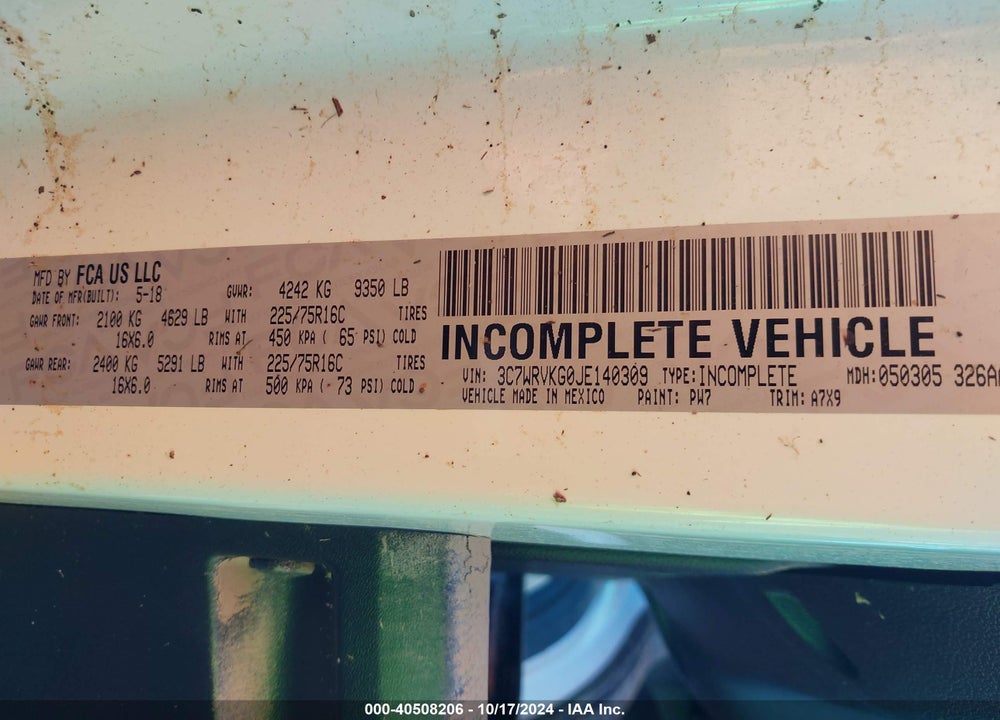 2018 RAM PROMASTER 3500 CUTAWAY LOW ROOF VIN: 3C7WRVKG0JE140309