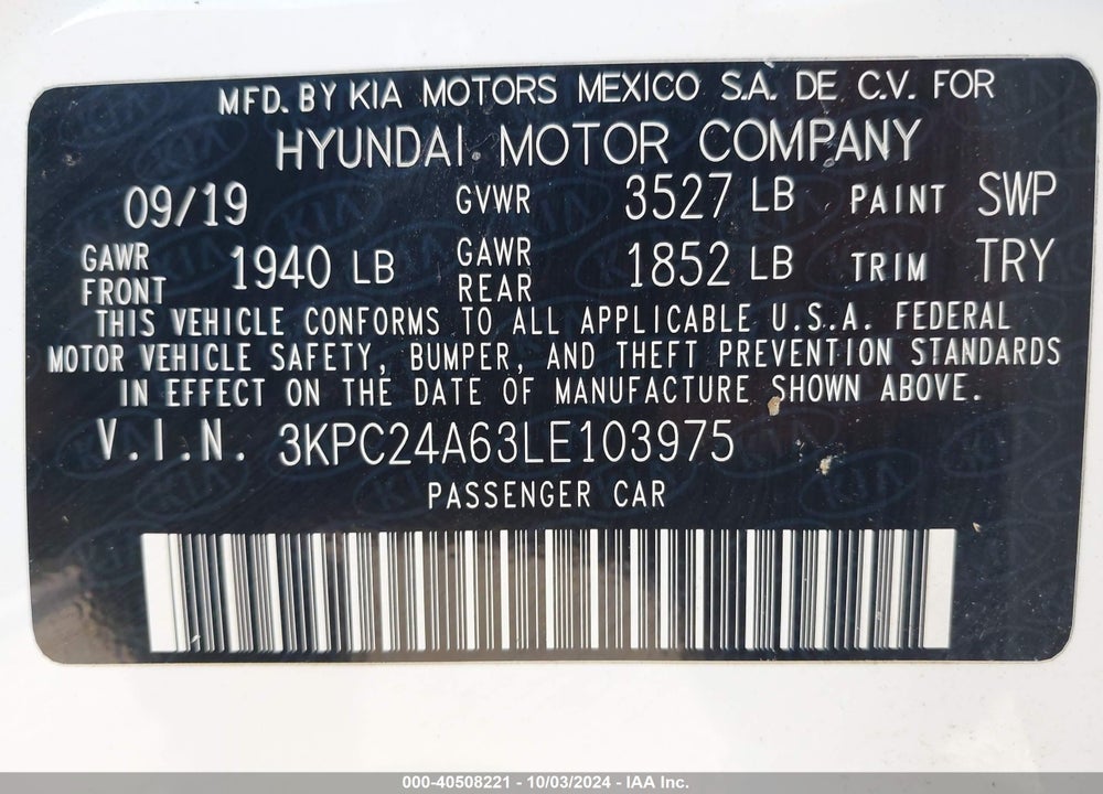 2020 HYUNDAI ACCENT SE VIN: 3KPC24A63LE103975